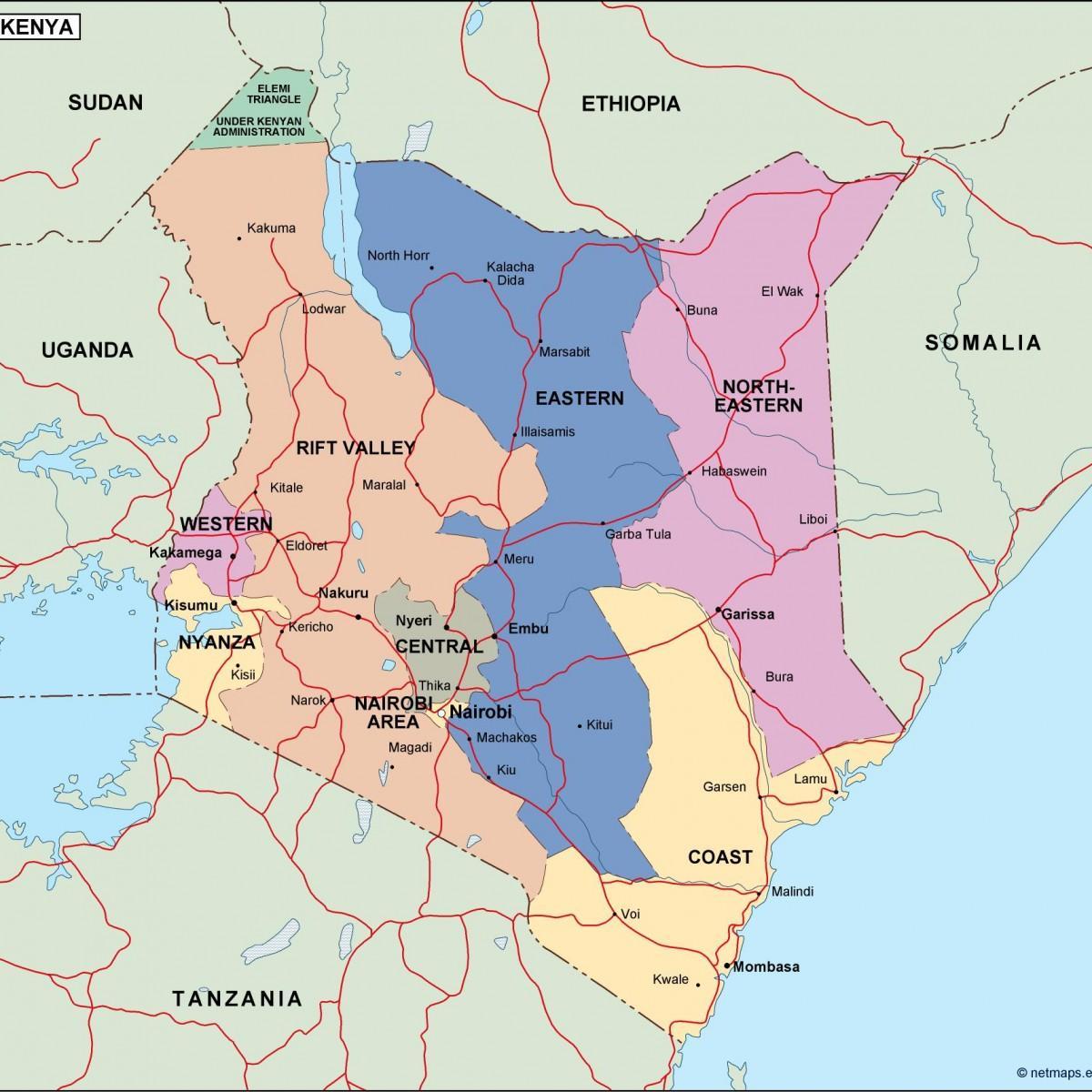 карта на политичката карта на Кенија